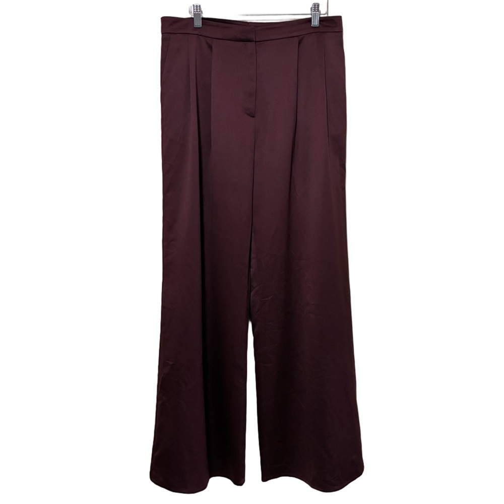 Leith High-Waisted Wide Leg Trousers Women’s L Satin Red Pleated Pants